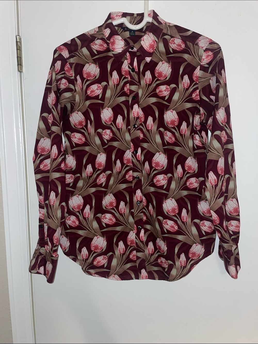 Brooks Brothers Burgundy Button-Down Shirt with Pink Floral Print